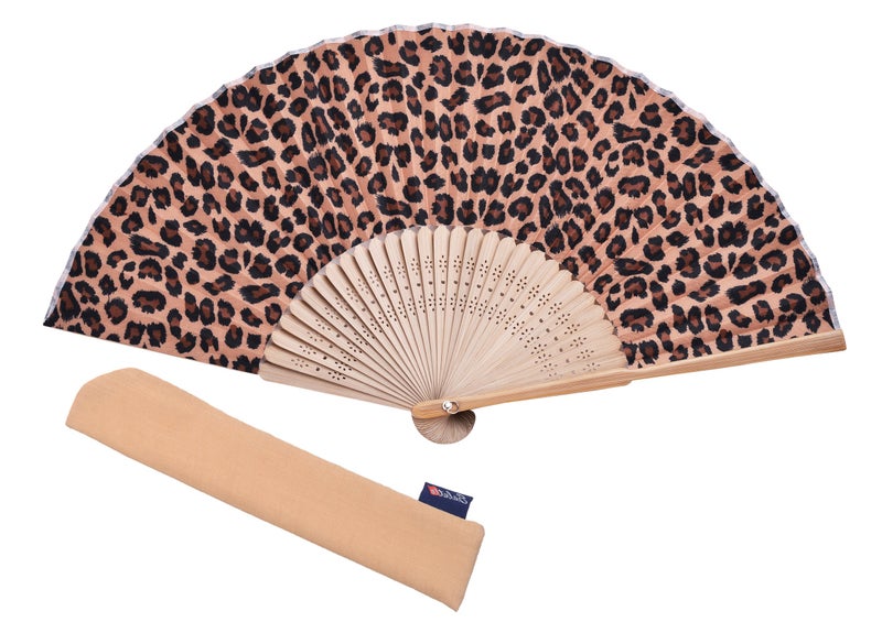 Salutto Hand Fan Bamboo Leopard Printed Folding Fan Cotton For Party Wedding Gift with Fan Cover - Image 1
